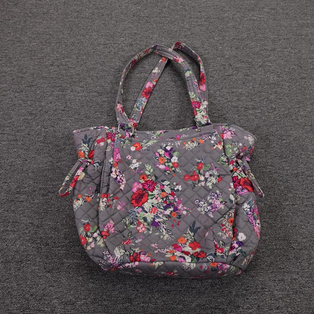 Vera Bradley Tote Bag Womens Large Gray Floral Quilted Cotton Zip Shoulder